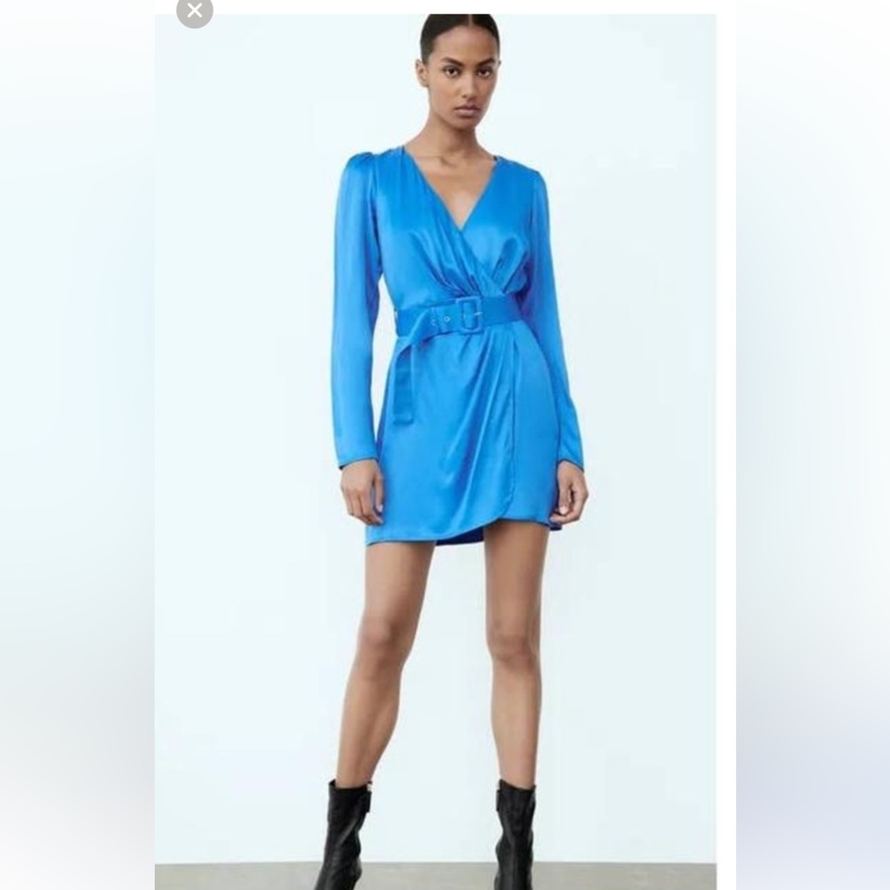 Zara Blue Belted Satin Women's Wrap Dress Size M